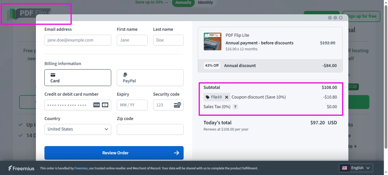 PDF FlipBook promo code screenshot showing code Flip10 applied at PDF FlipBook checkout page. Uploaded by SimplyCodes community member mrdarcy on Apr 7, 2026