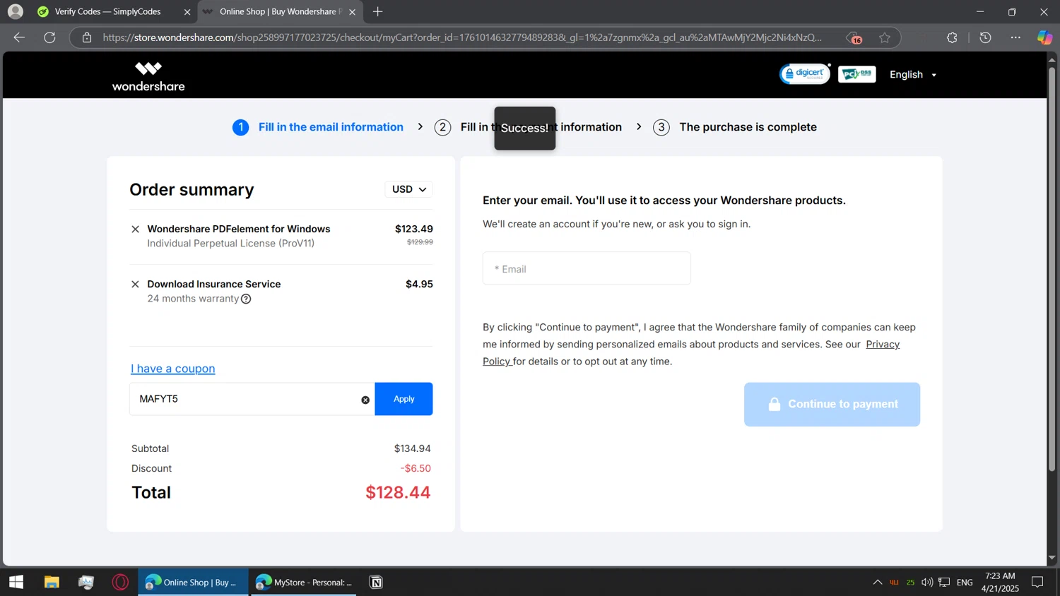 PDFelement checkout page showing PDFelement discount code box | Screenshot taken by SimplyCodes community member on Apr 21, 2025