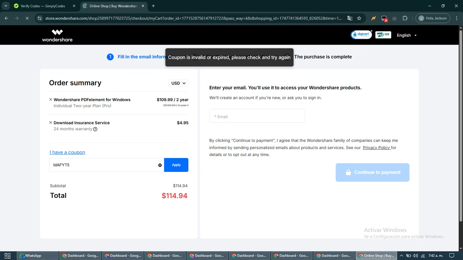 PDFelement discount code screenshot showing code MAFYT5 applied at PDFelement checkout page. Uploaded by SimplyCodes community member CashShopper1214 on May 20, 2025