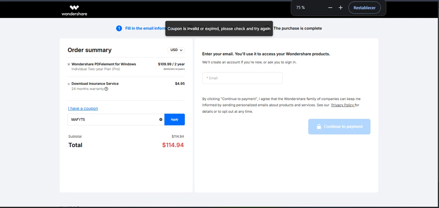 PDFelement discount code screenshot showing code MAFYT5 applied at PDFelement checkout page. Uploaded by SimplyCodes community member laoriginal on May 20, 2025