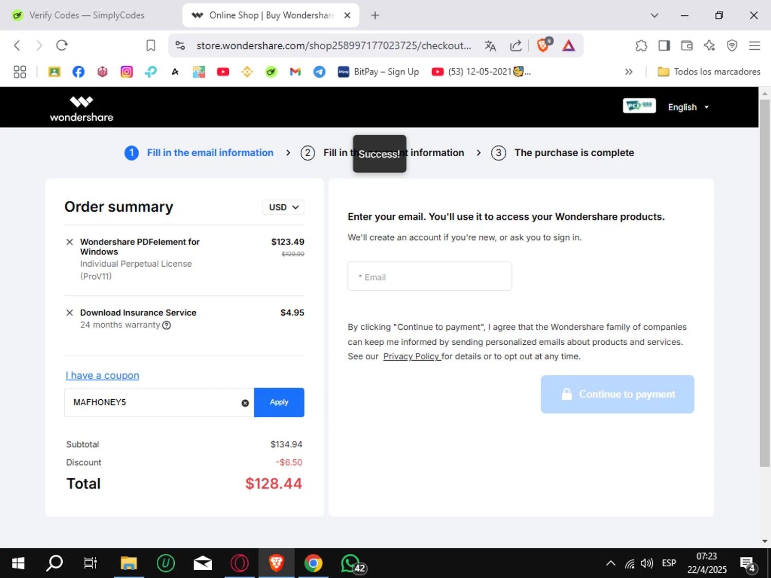 PDFelement checkout page showing PDFelement discount code box | Screenshot taken by SimplyCodes community member on Apr 22, 2025