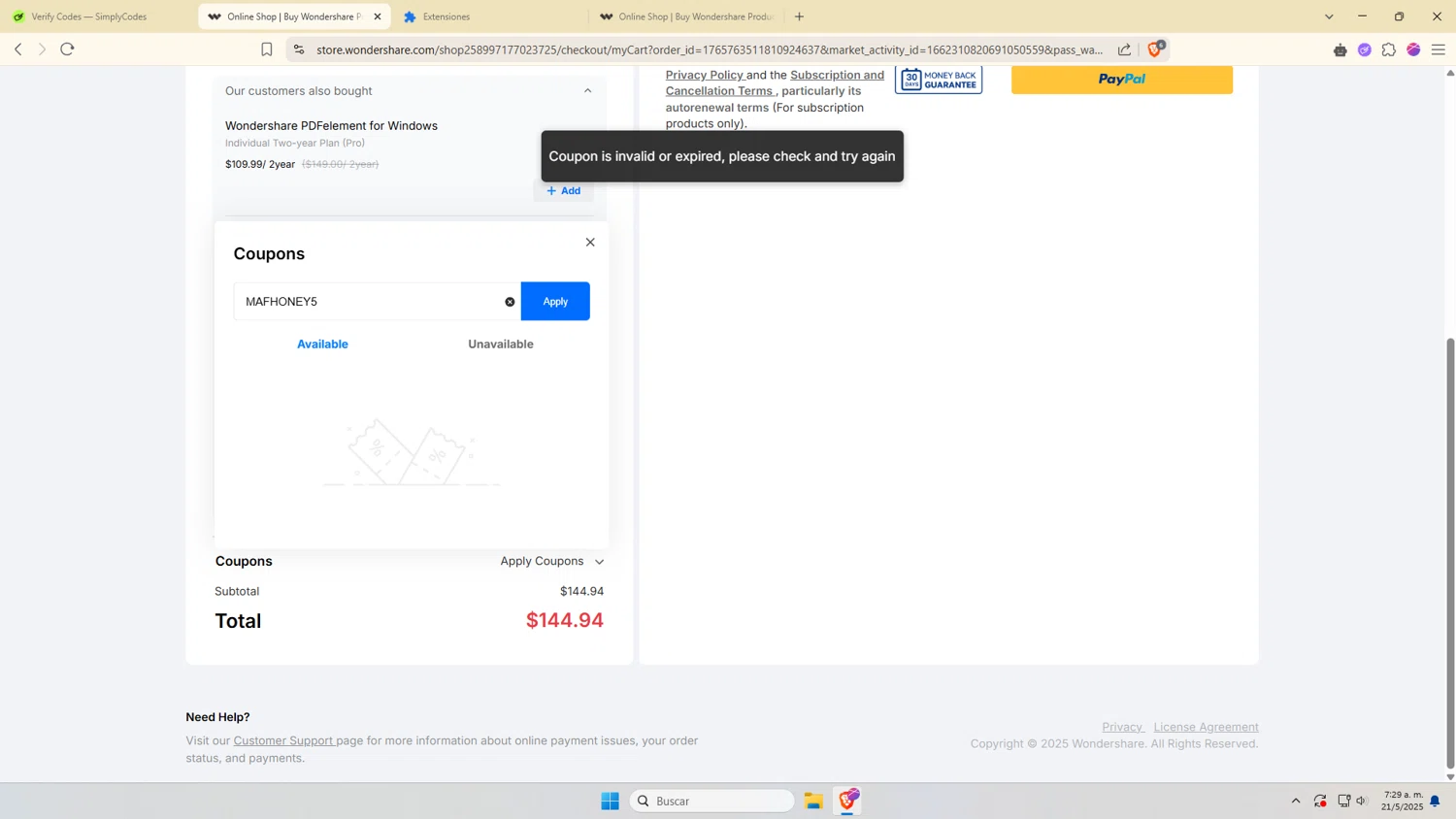 PDFelement discount code screenshot showing code MAFHONEY5 applied at PDFelement checkout page. Uploaded by SimplyCodes community member VictoriousDefender7352 on May 21, 2025