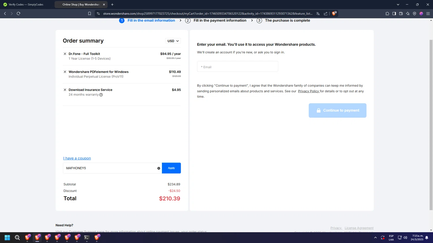 PDFelement checkout page showing PDFelement discount code box | Screenshot taken by SimplyCodes community member on Mar 24, 2025