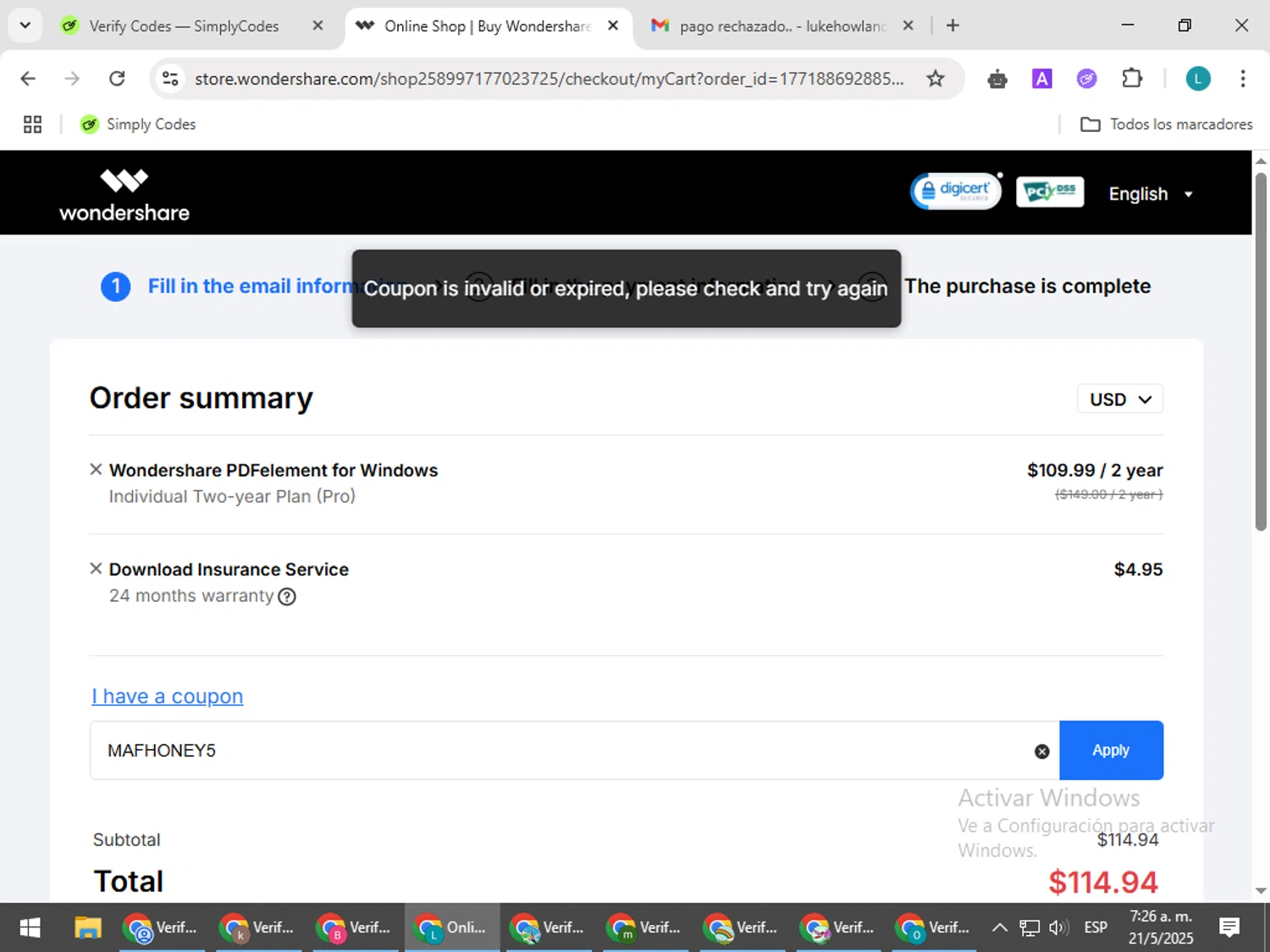 PDFelement discount code screenshot showing code MAFHONEY5 applied at PDFelement checkout page. Uploaded by SimplyCodes community member LuckyLegend792 on May 21, 2025