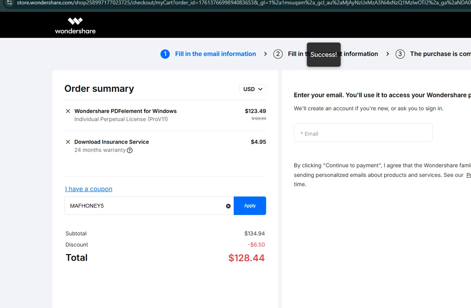 PDFelement checkout page showing PDFelement discount code box | Screenshot taken by SimplyCodes community member on Apr 22, 2025