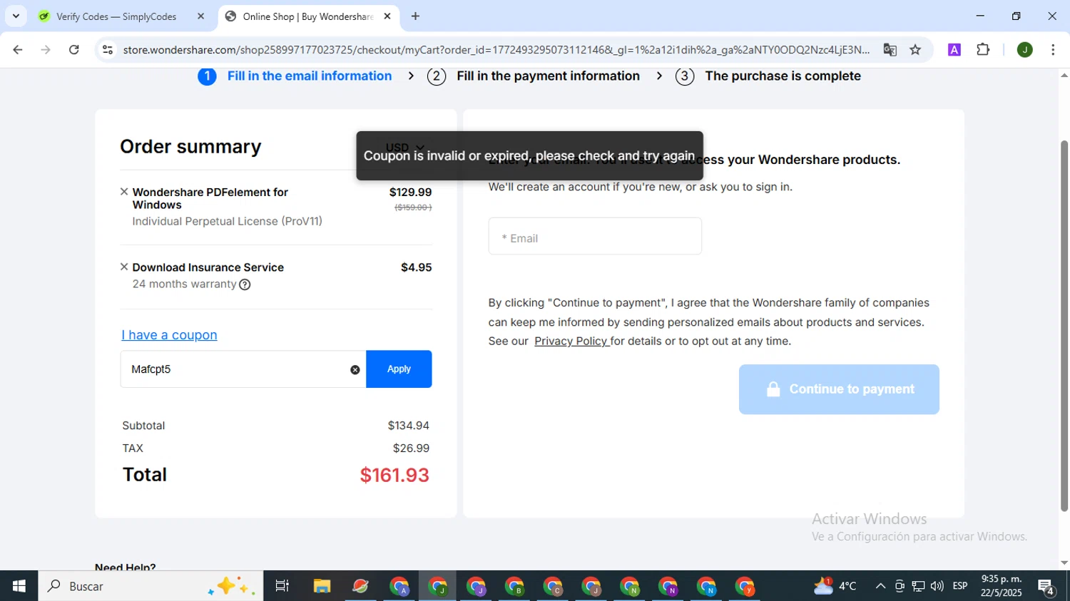 PDFelement discount code screenshot showing code Mafcpt5 applied at PDFelement checkout page. Uploaded by SimplyCodes community member CleverSeeker3529 on May 23, 2025