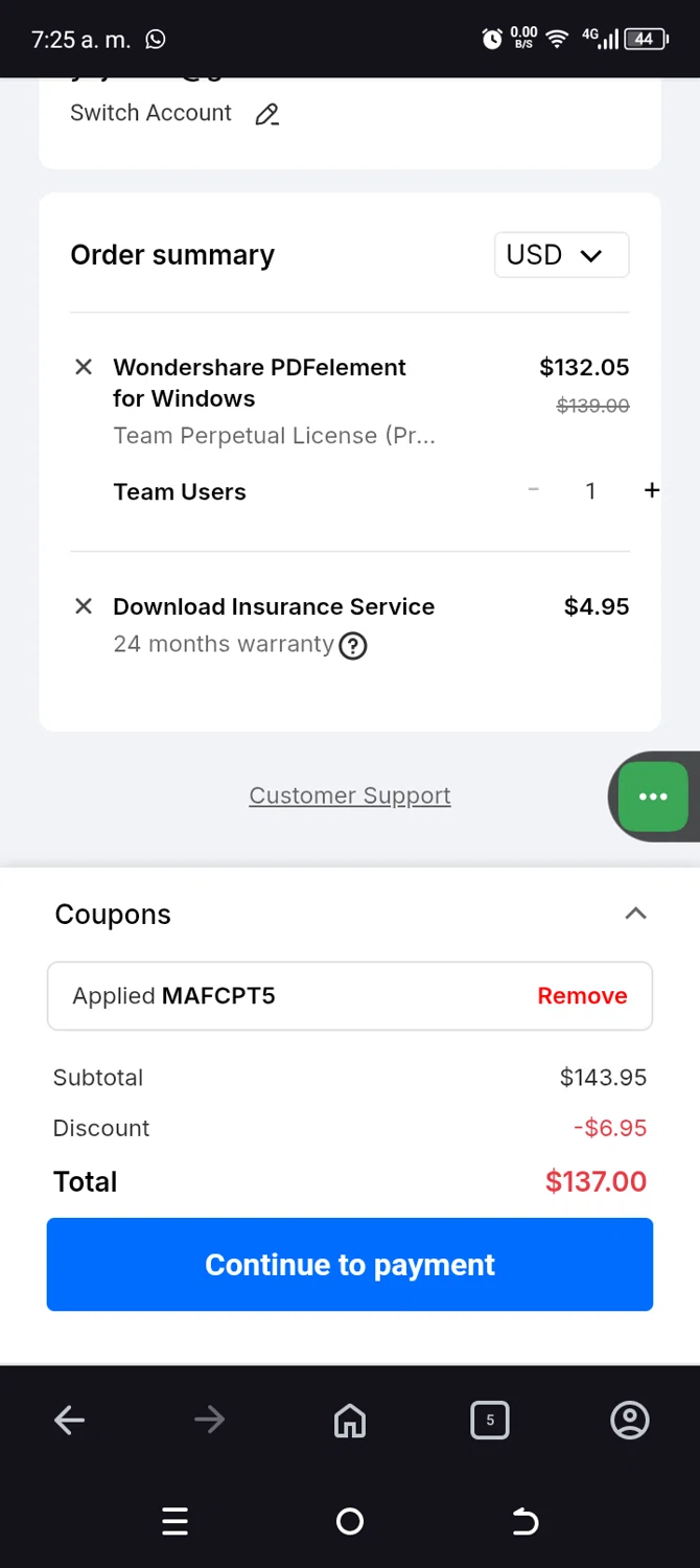 PDFelement checkout page showing PDFelement discount code box | Screenshot taken by SimplyCodes community member on Apr 30, 2025