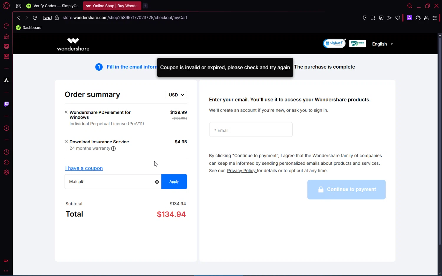 PDFelement discount code screenshot showing code Mafcpt5 applied at PDFelement checkout page. Uploaded by SimplyCodes community member number_1 on May 23, 2025