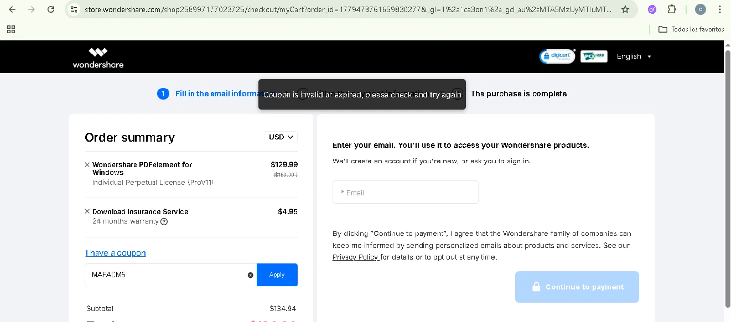 PDFelement discount code screenshot showing code MAFADM5 applied at PDFelement checkout page. Uploaded by SimplyCodes community member NobleSentinel8535 on Jun 11, 2025