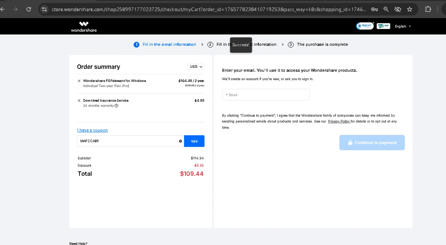 PDFelement discount code screenshot showing code MAFCCAB5 applied at PDFelement checkout page. Uploaded by SimplyCodes community member AMANDA2681 on May 4, 2025