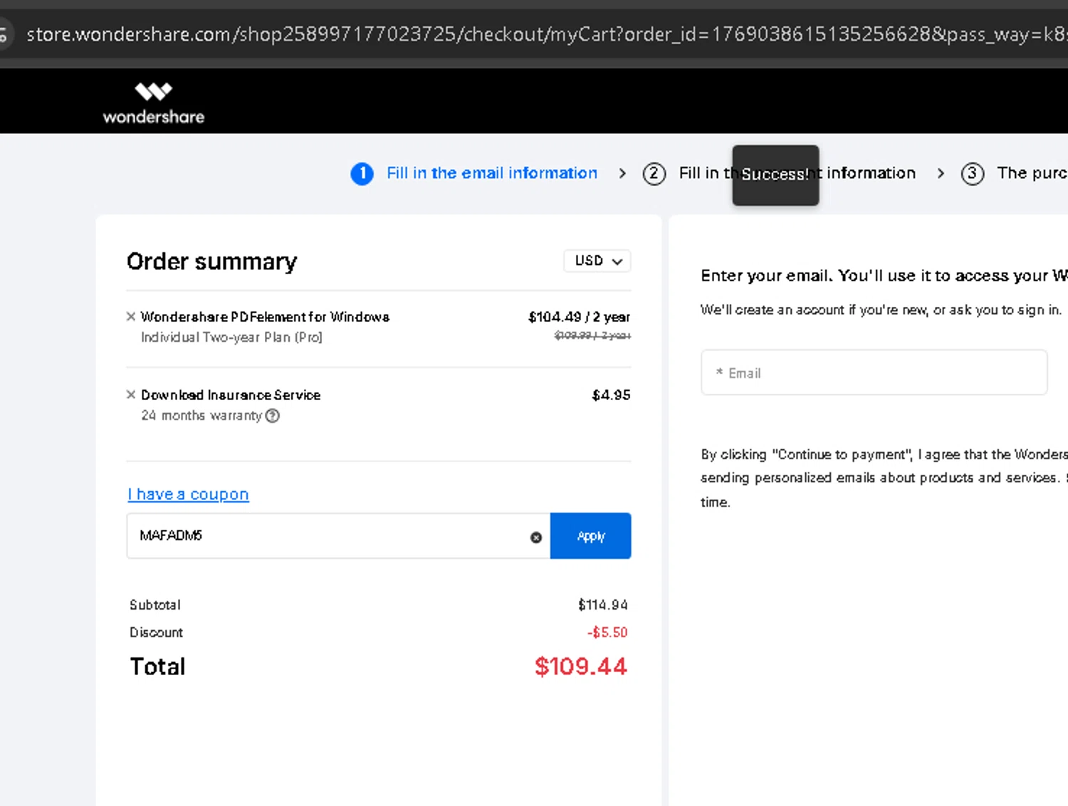 PDFelement discount code screenshot showing code MAFADM5 applied at PDFelement checkout page. Uploaded by SimplyCodes community member AMANDA2681 on May 13, 2025