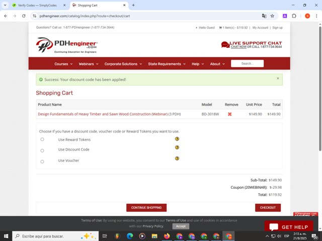 PDHengineer checkout page showing PDHengineer discount code box | Screenshot taken by SimplyCodes community member on Aug 21, 2025