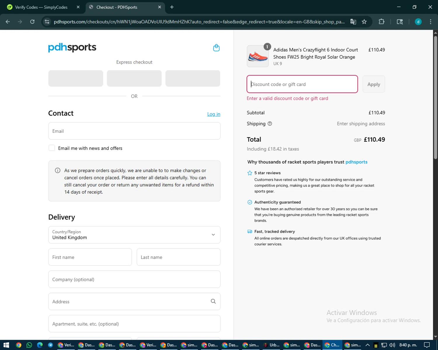 PDHSports discount code screenshot showing code pdhten applied at PDHSports checkout page. Uploaded by SimplyCodes community member CodeMaverick5767 on Aug 13, 2025