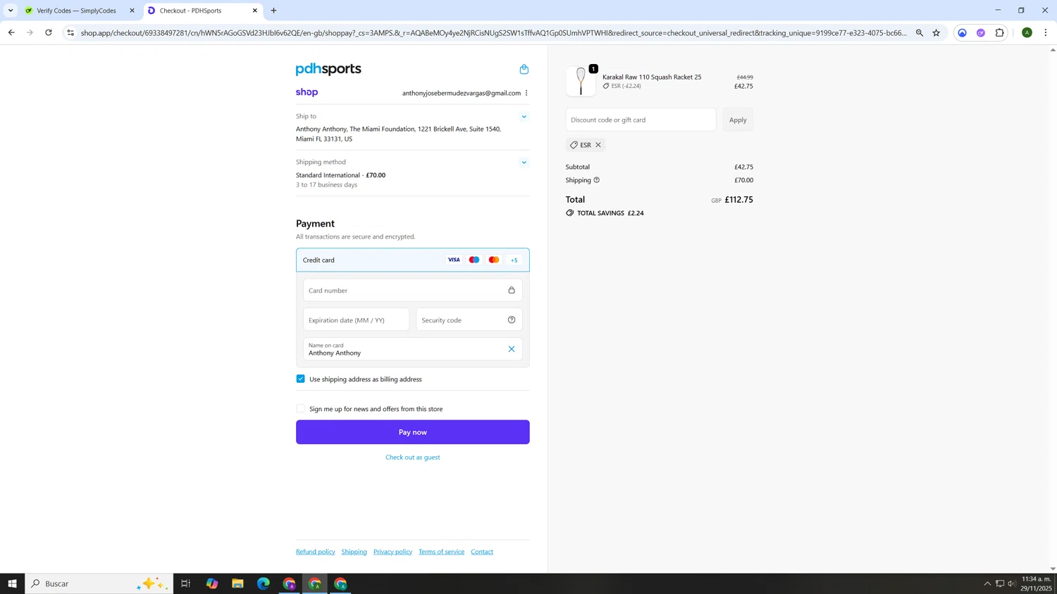 PDHSports discount code screenshot showing code ESR applied at PDHSports checkout page. Uploaded by SimplyCodes community member AnthonyGTX on Nov 29, 2025