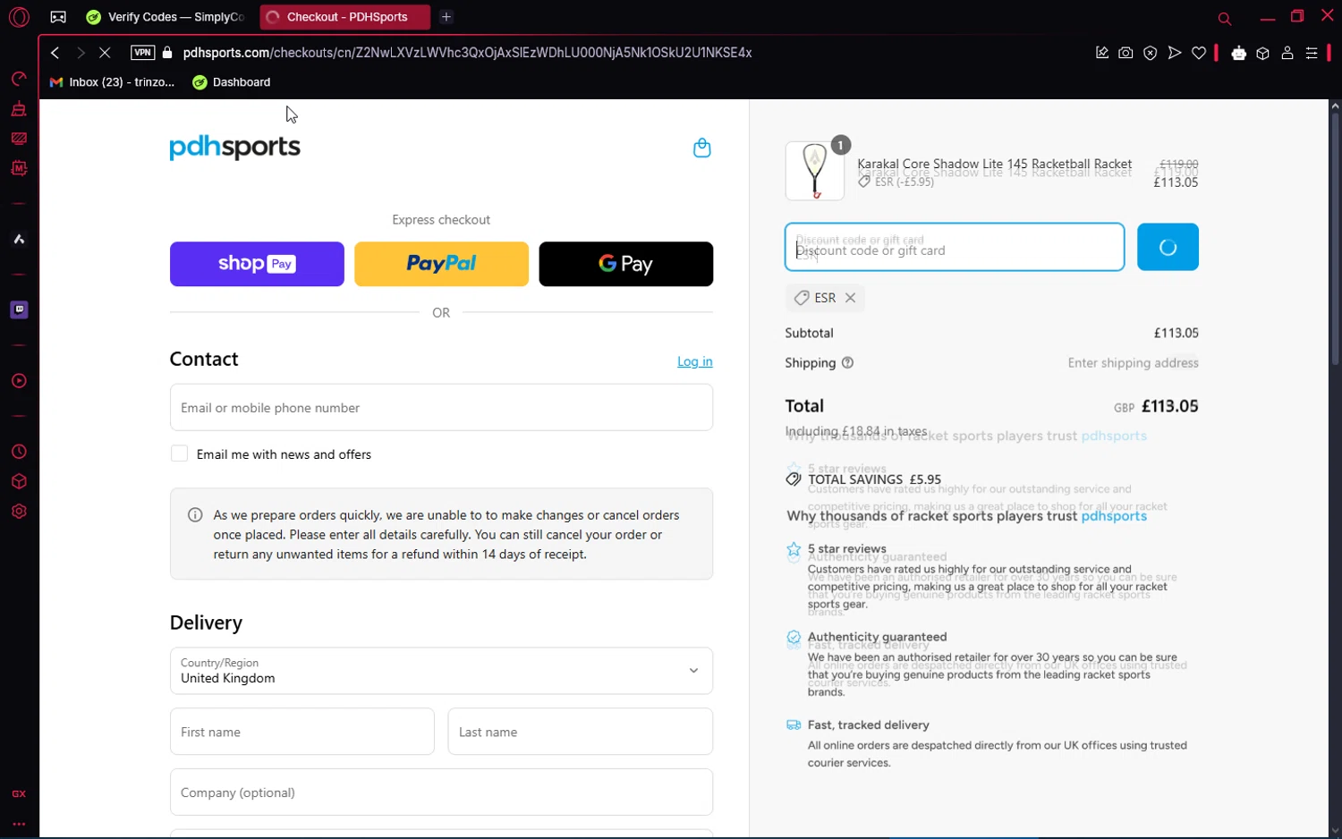 PDHSports discount code screenshot showing code ESR applied at PDHSports checkout page. Uploaded by SimplyCodes community member Pioneer1 on Mar 24, 2025