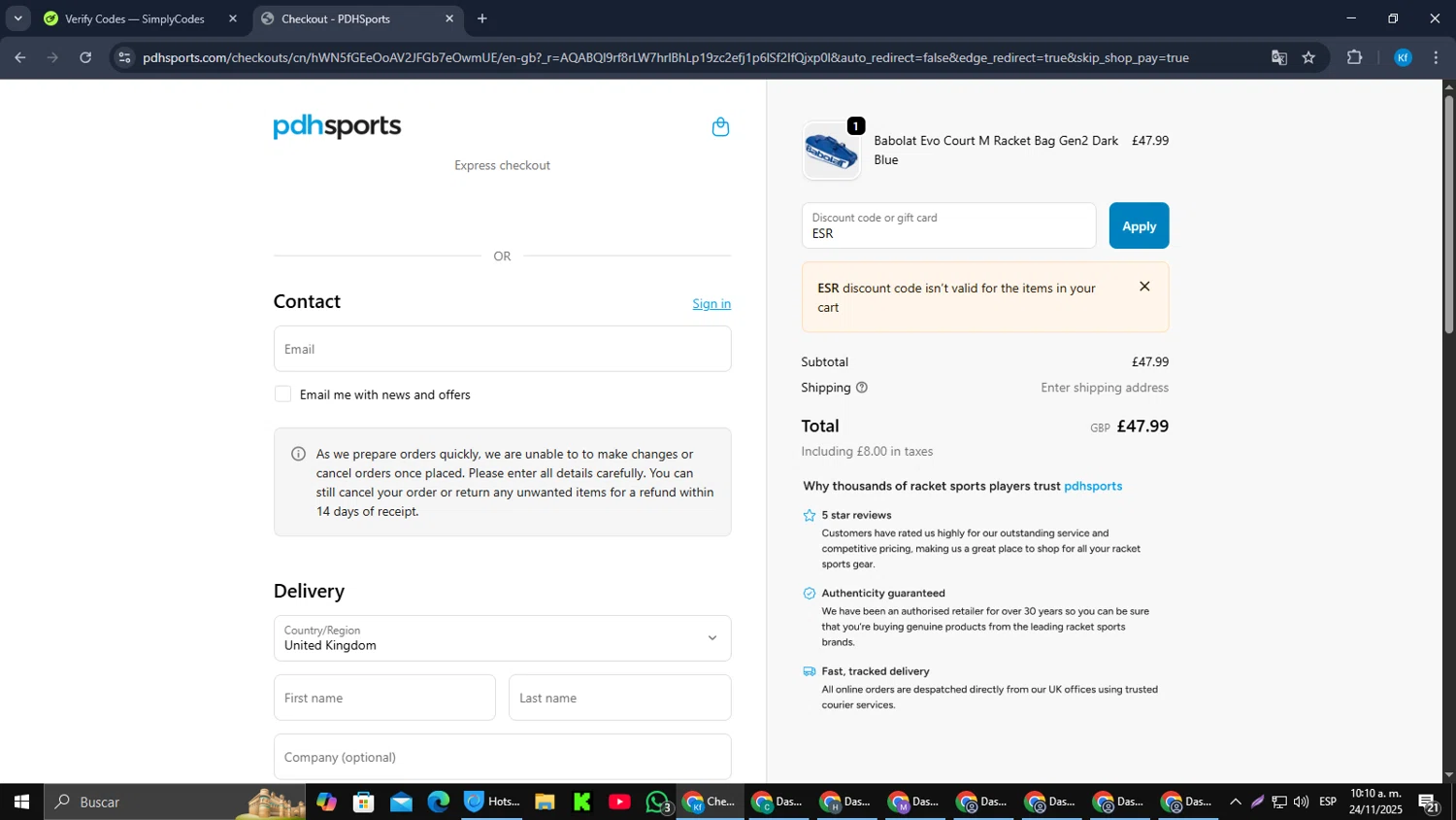 PDHSports discount code screenshot showing code ESR applied at PDHSports checkout page. Uploaded by SimplyCodes community member jorgeyahoo on Nov 24, 2025