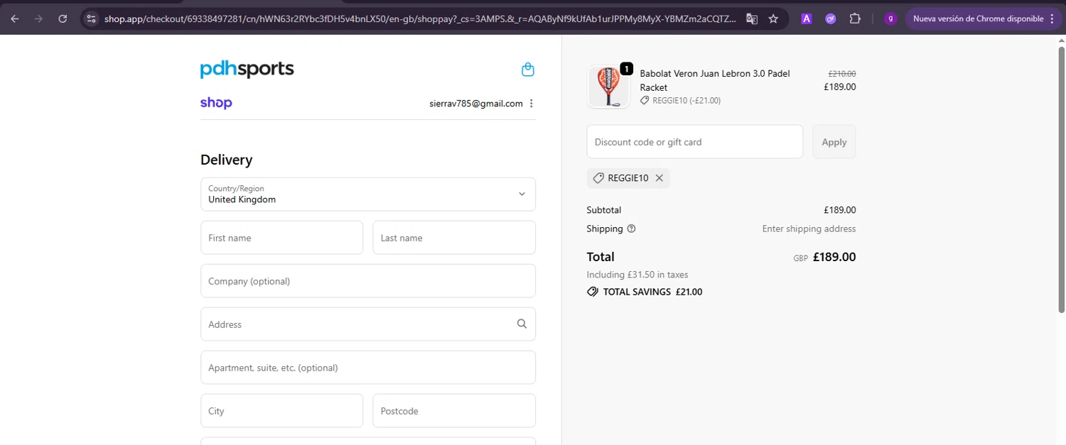 PDHSports discount code screenshot showing code REGGIE10 applied at PDHSports checkout page. Uploaded by SimplyCodes community member RoyalGenius4818 on Dec 5, 2025