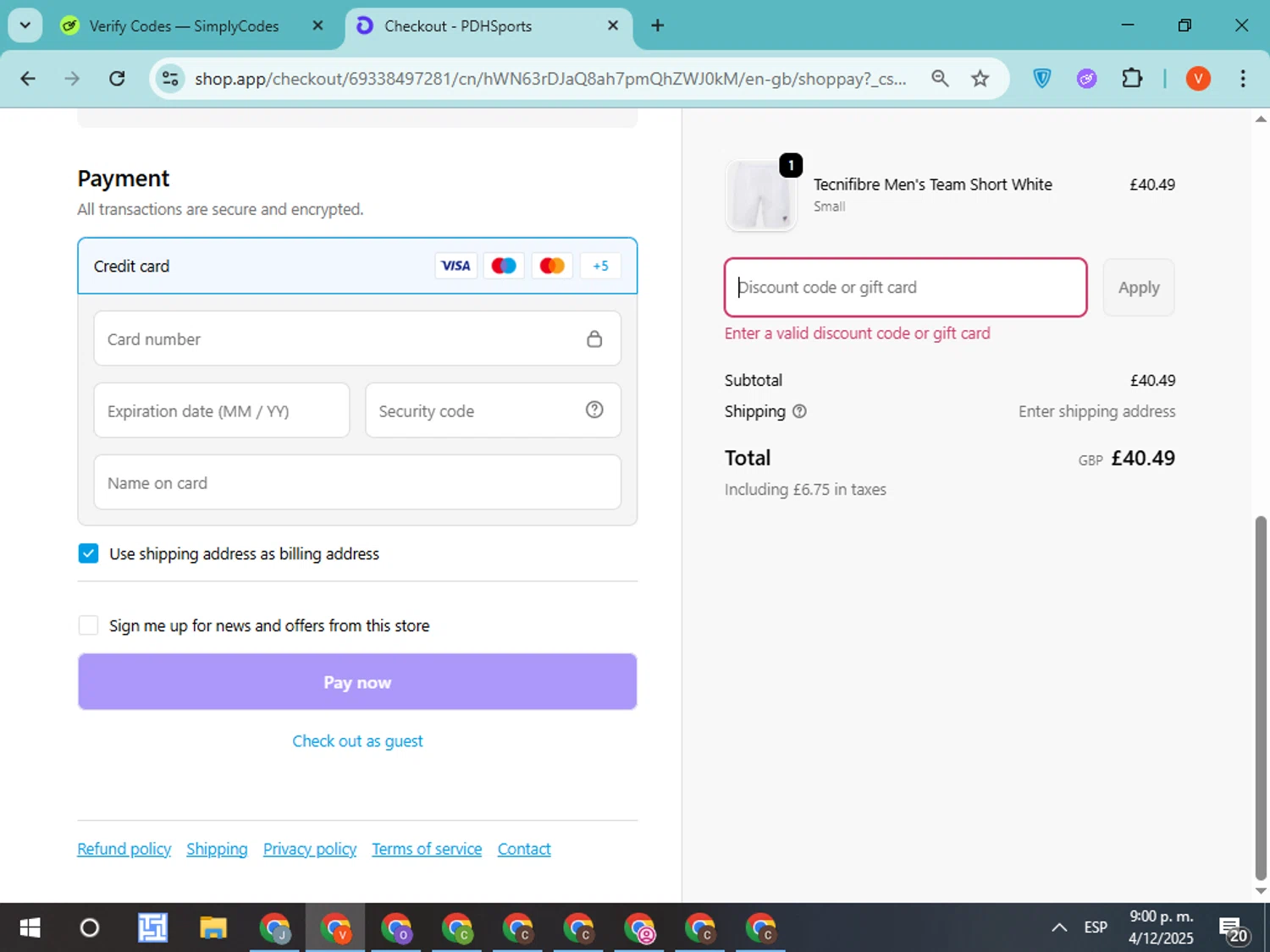 PDHSports discount code screenshot showing code PDHBF10 applied at PDHSports checkout page. Uploaded by SimplyCodes community member CodeMonarch8148 on Dec 5, 2025