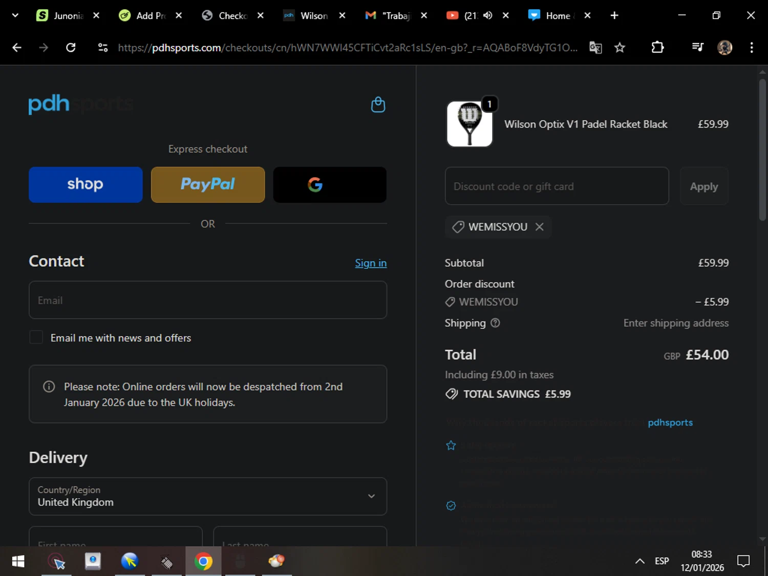 PDHSports discount code screenshot showing code WEMISSYOU applied at PDHSports checkout page. Uploaded by SimplyCodes community member MarcosAranguren on Jan 12, 2026