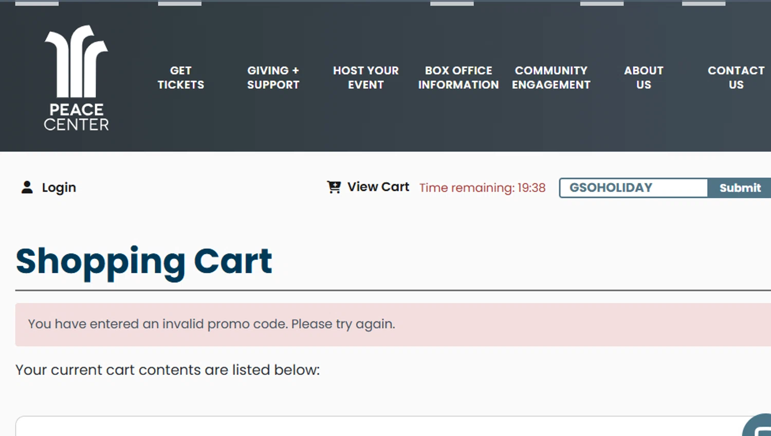 Peace Center promo code screenshot showing code GSOHOLIDAY applied at Peace Center checkout page. Uploaded by SimplyCodes community member Geran369 on Jun 18, 2025