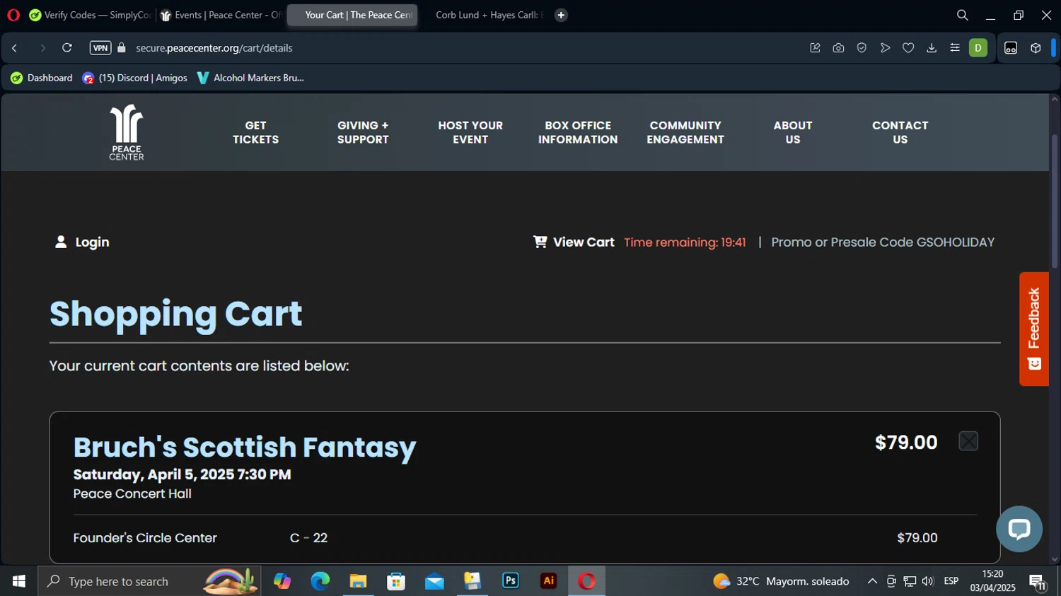 Peace Center checkout page showing Peace Center promo code box | Screenshot taken by SimplyCodes community member on Apr 3, 2025
