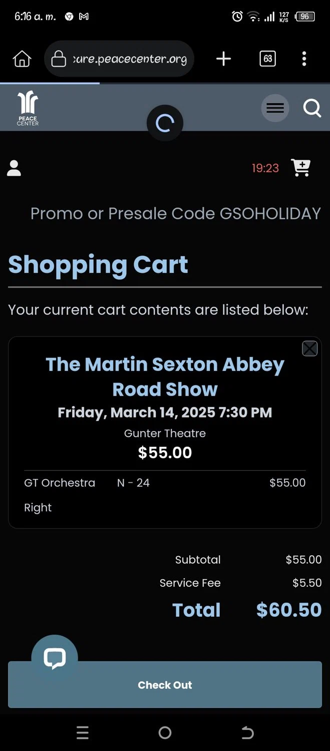 Peace Center checkout page showing Peace Center promo code box | Screenshot taken by SimplyCodes community member on Mar 13, 2025