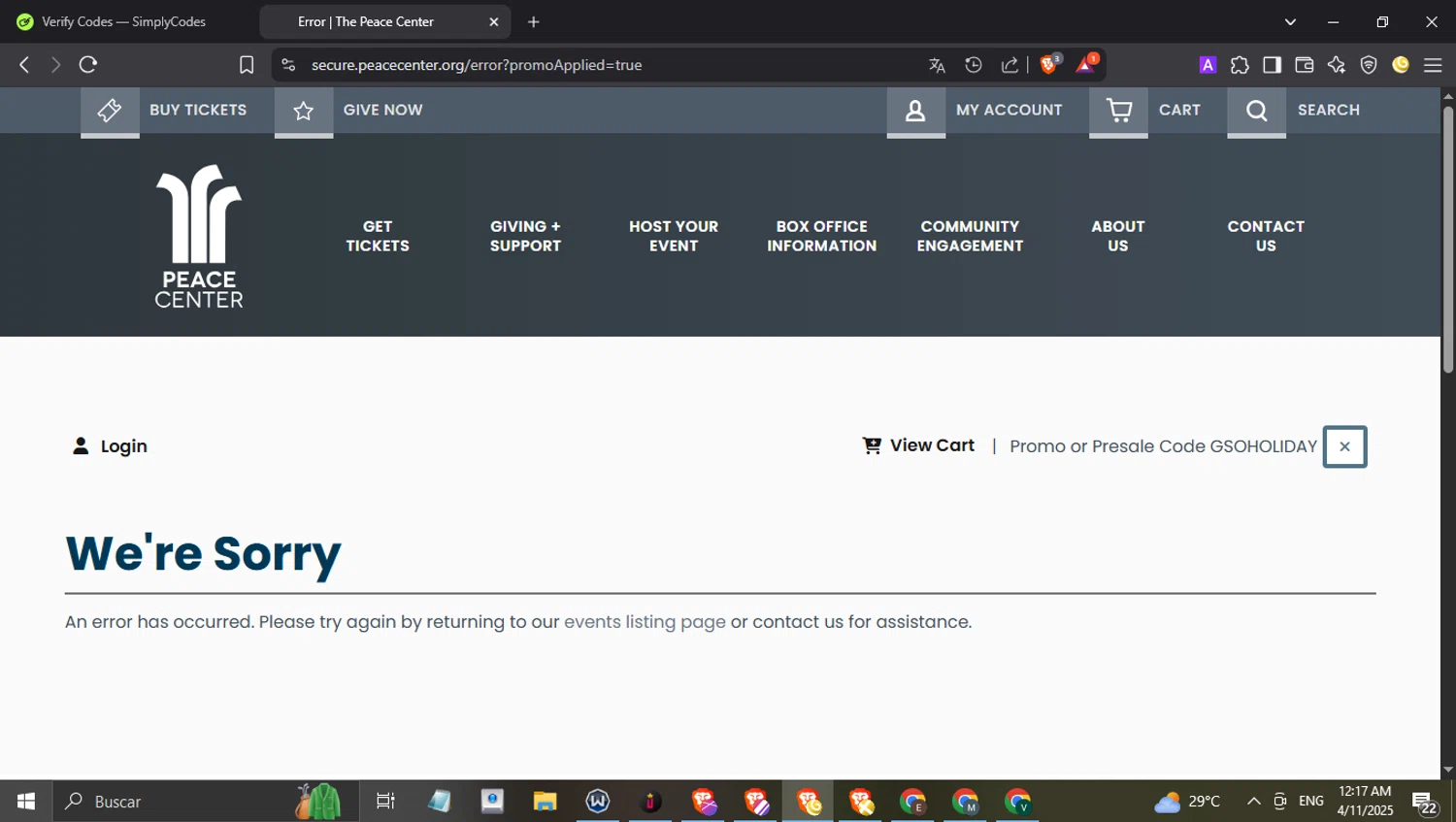 Peace Center checkout page showing Peace Center promo code box | Screenshot taken by SimplyCodes community member on Apr 11, 2025
