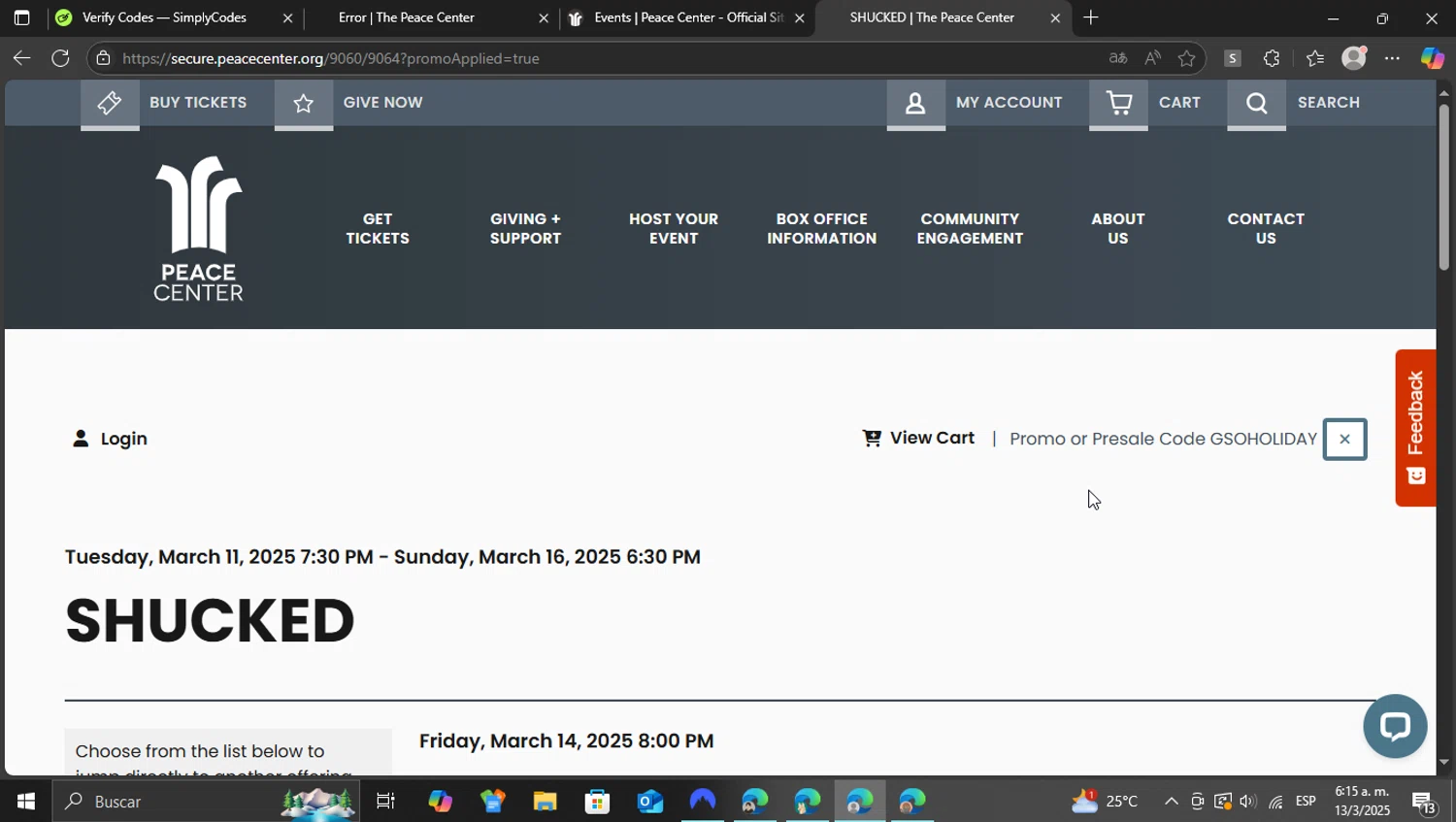 Peace Center checkout page showing Peace Center promo code box | Screenshot taken by SimplyCodes community member on Mar 13, 2025