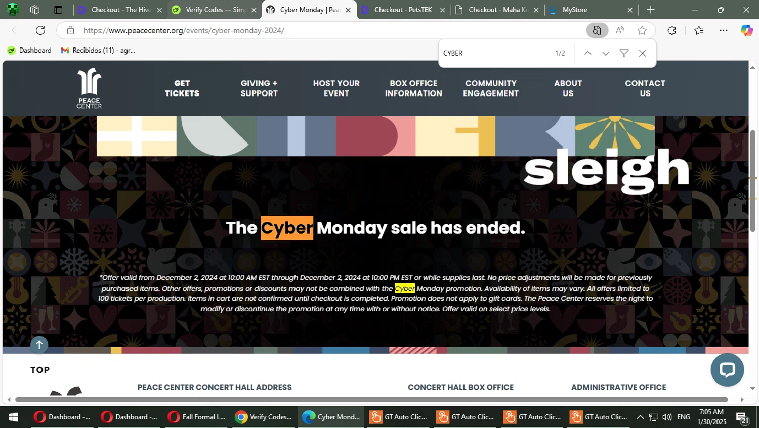 Peace Center promo code screenshot showing code CYBER applied at Peace Center checkout page. Uploaded by SimplyCodes community member TrevorPhilips on Jan 30, 2025