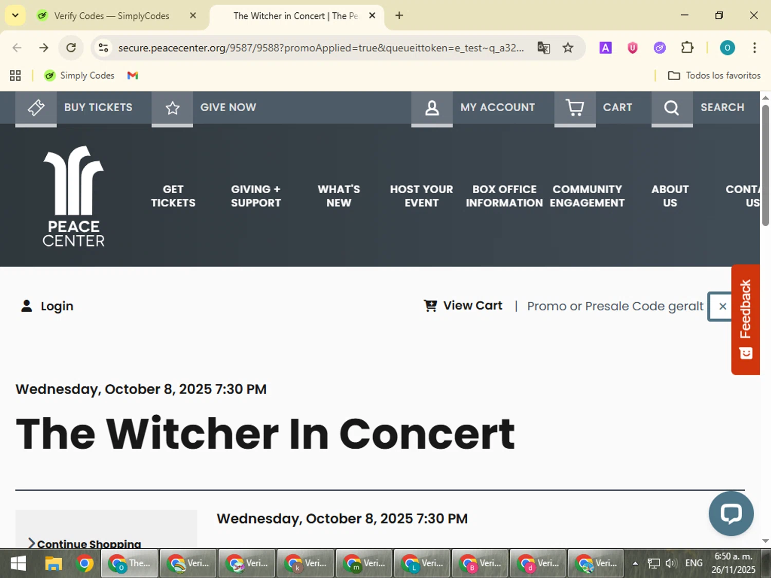 Peace Center promo code screenshot showing code geralt applied at Peace Center checkout page. Uploaded by SimplyCodes community member BudgetSeeker9524 on Nov 26, 2025