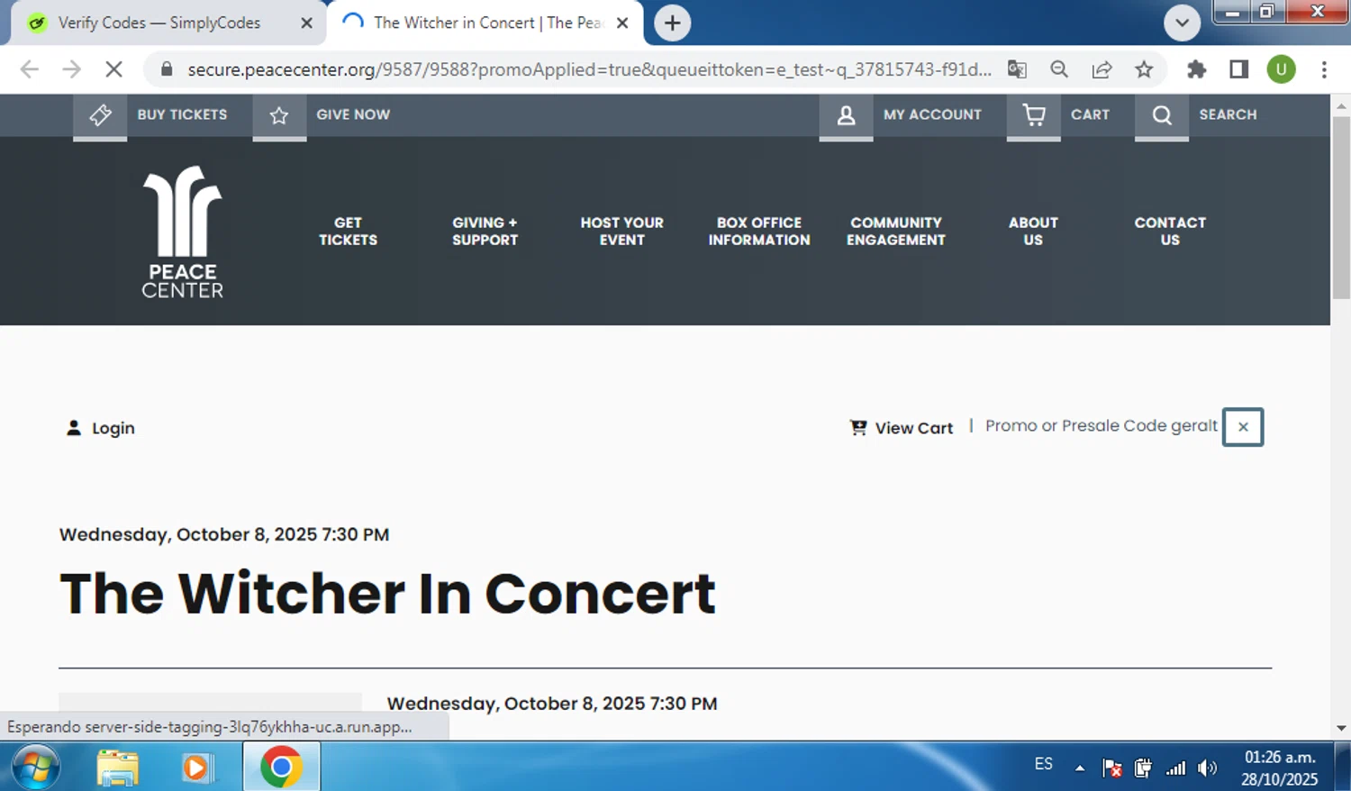 Peace Center promo code screenshot showing code geralt applied at Peace Center checkout page. Uploaded by SimplyCodes community member CouponSaver4196 on Oct 28, 2025