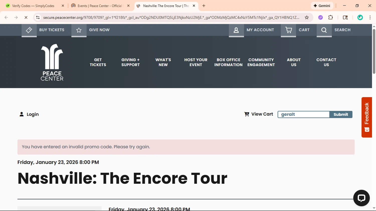 Peace Center promo code screenshot showing code geralt applied at Peace Center checkout page. Uploaded by SimplyCodes community member ShieldLegend9691 on Jan 23, 2026