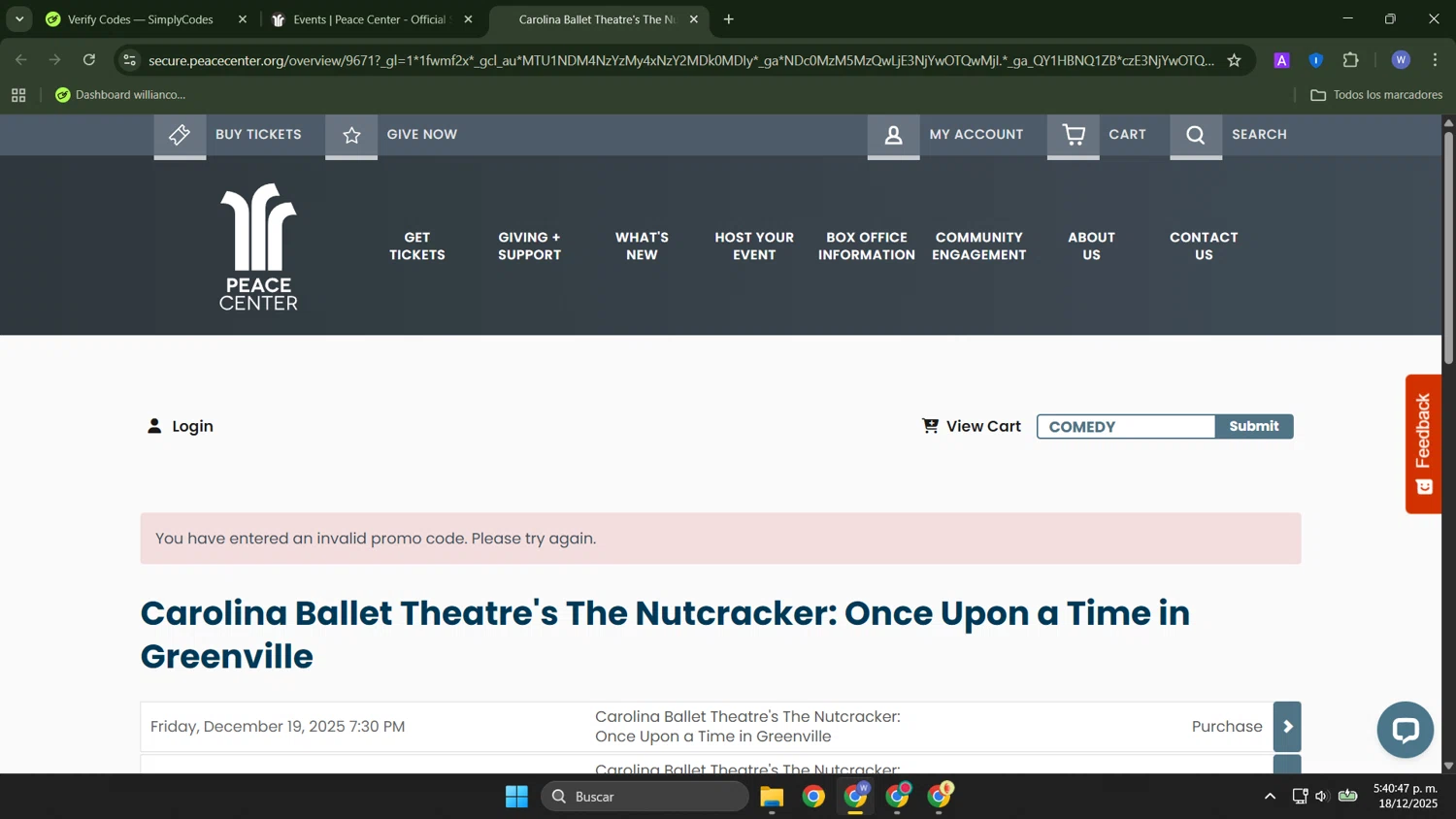 Peace Center promo code screenshot showing code COMEDY applied at Peace Center checkout page. Uploaded by SimplyCodes community member ThriftyTracker446 on Dec 18, 2025