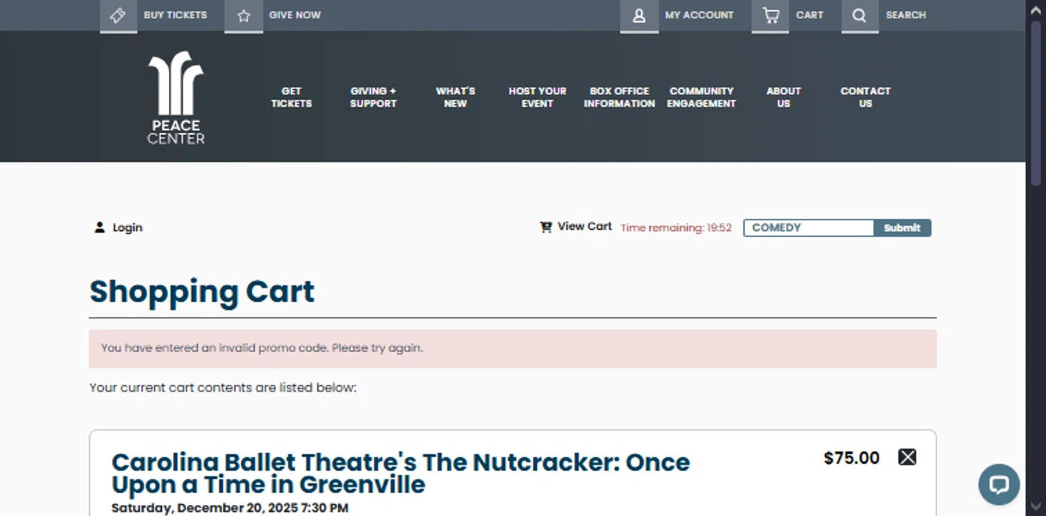 Peace Center promo code screenshot showing code COMEDY applied at Peace Center checkout page. Uploaded by SimplyCodes community member TraxoGamer on Dec 19, 2025