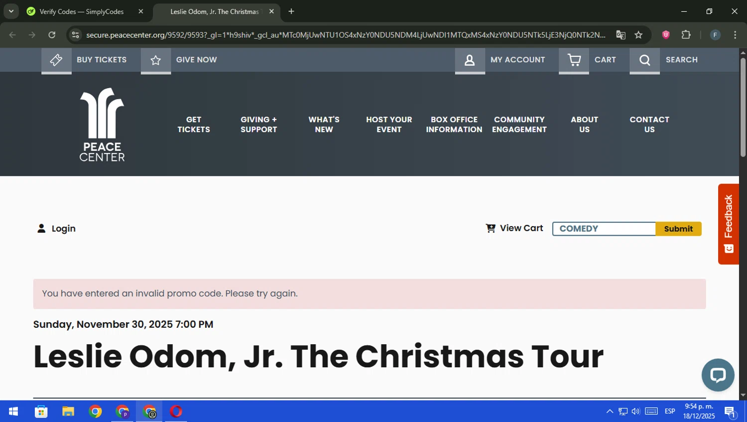 Peace Center promo code screenshot showing code COMEDY applied at Peace Center checkout page. Uploaded by SimplyCodes community member pajarito on Dec 19, 2025