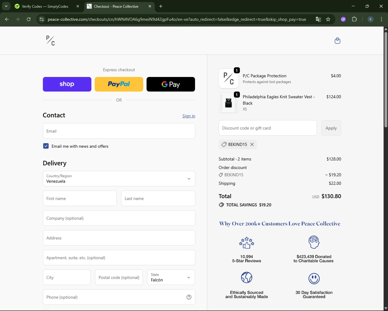 Peace Collective discount code screenshot showing code BEKIND15 applied at Peace Collective checkout page. Uploaded by SimplyCodes community member CouponAce2971 on Oct 25, 2025