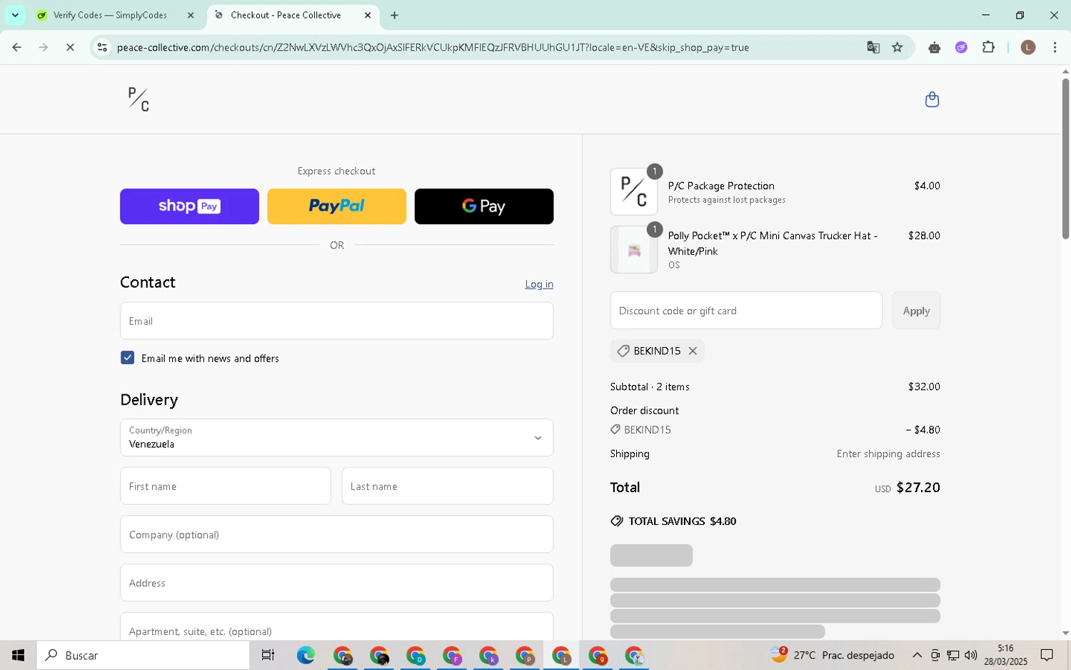 Peace Collective discount code screenshot showing code BEKIND15 applied at Peace Collective checkout page. Uploaded by SimplyCodes community member BrilliantTiger9986 on Mar 28, 2025