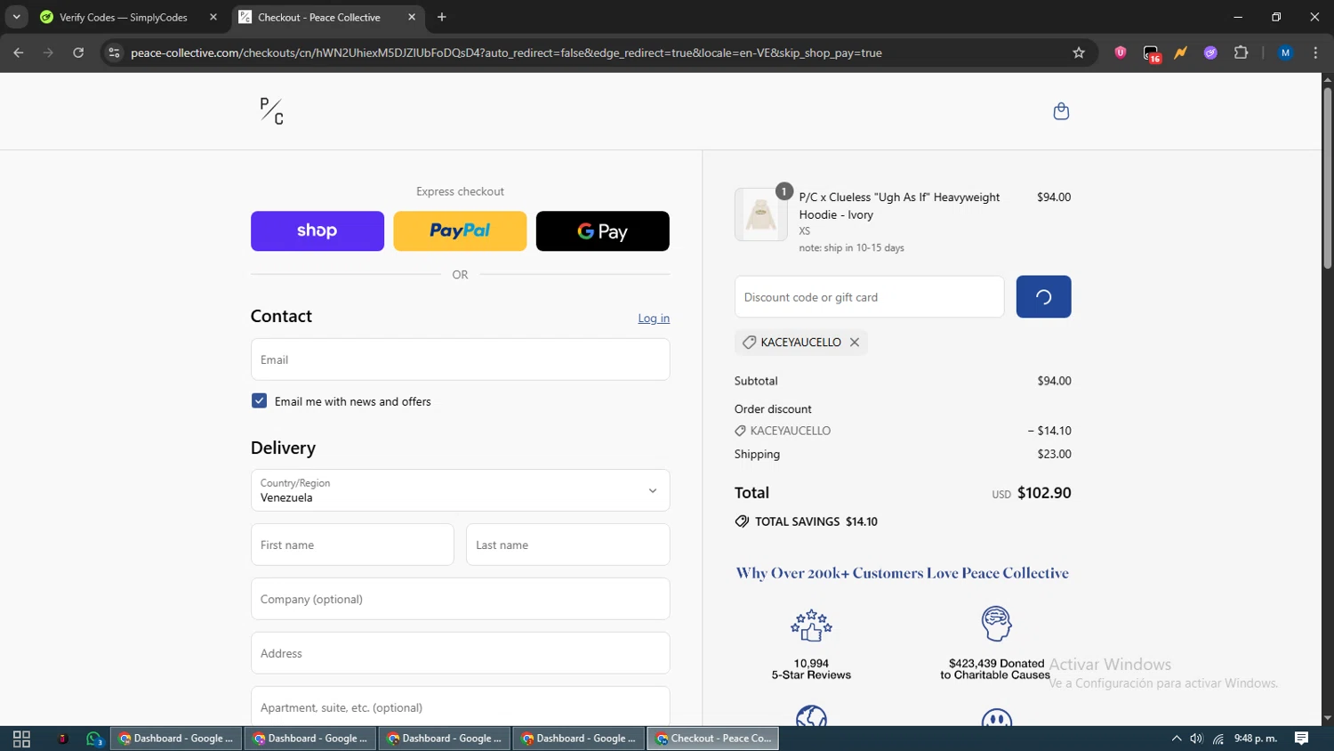 Peace Collective discount code screenshot showing code KACEYAUCELLO applied at Peace Collective checkout page. Uploaded by SimplyCodes community member EpicVoyager2820 on Sep 2, 2025