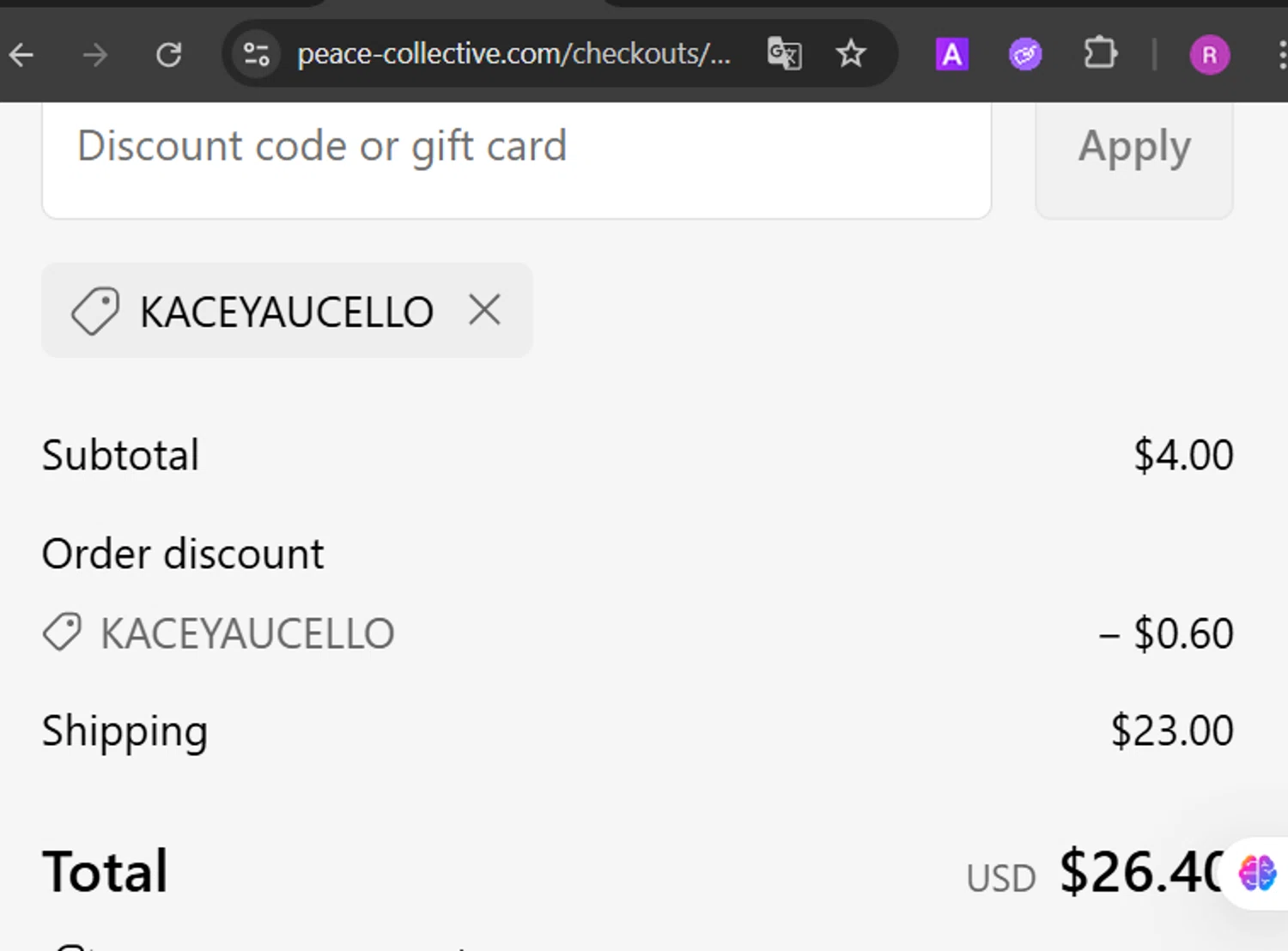 Peace Collective discount code screenshot showing code KACEYAUCELLO applied at Peace Collective checkout page. Uploaded by SimplyCodes community member Marysan on Sep 1, 2025