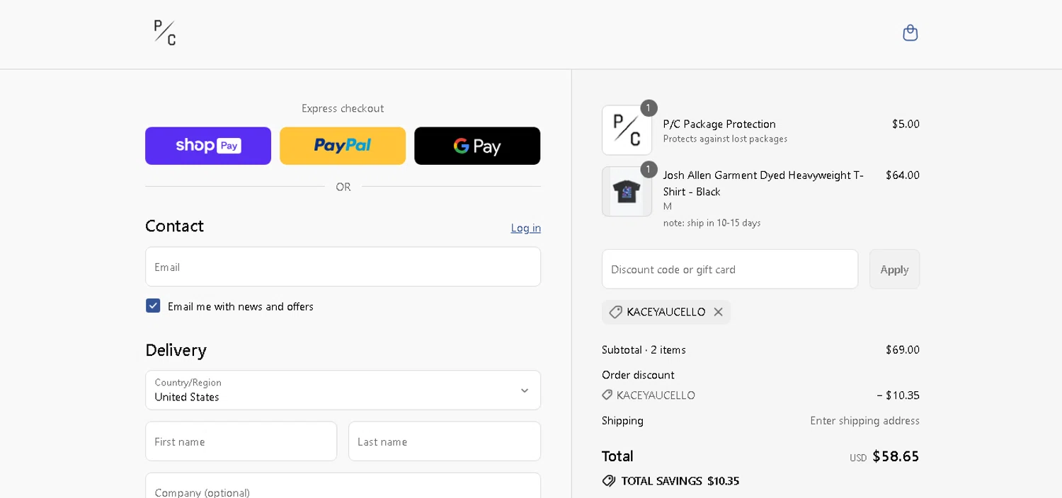 Peace Collective discount code screenshot showing code KACEYAUCELLO applied at Peace Collective checkout page. Uploaded by SimplyCodes community member xHRxUltrax on Aug 11, 2025