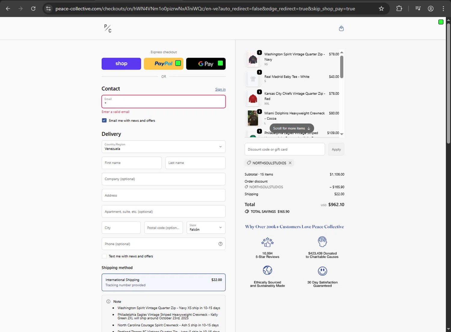 Peace Collective discount code screenshot showing code NORTHSOULSTUDIOS applied at Peace Collective checkout page. Uploaded by SimplyCodes community member JakePerrox on Oct 25, 2025