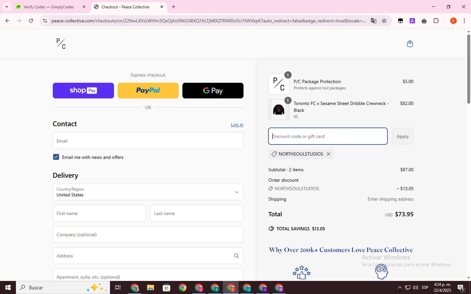 Peace Collective discount code screenshot showing code NORTHSOULSTUDIOS applied at Peace Collective checkout page. Uploaded by SimplyCodes community member BrilliantSage8401 on Apr 22, 2025