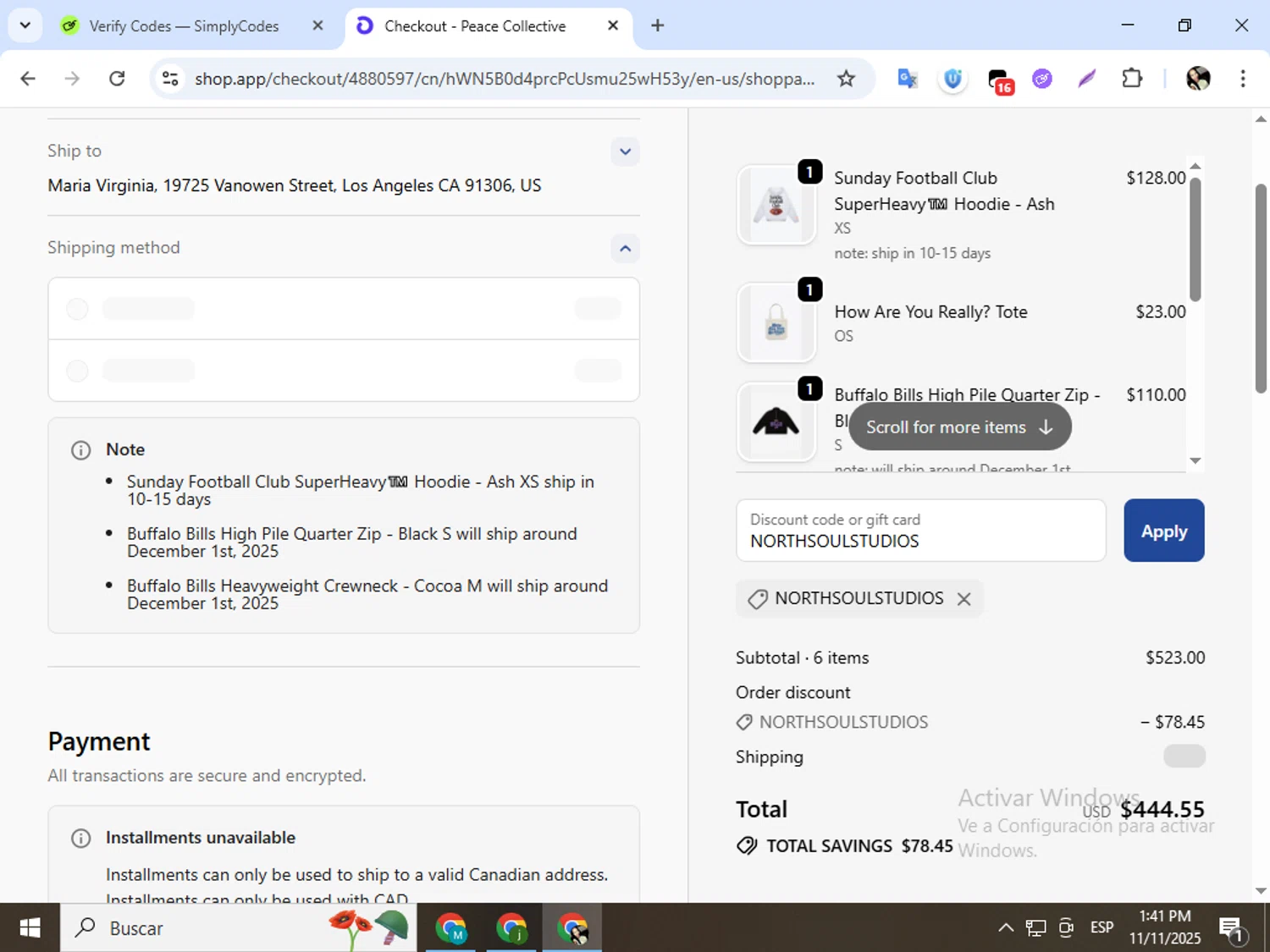 Peace Collective discount code screenshot showing code NORTHSOULSTUDIOS applied at Peace Collective checkout page. Uploaded by SimplyCodes community member mariapolancog on Nov 11, 2025