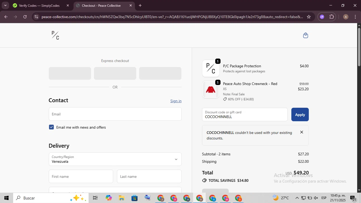 Peace Collective discount code screenshot showing code COCOCHINNELL applied at Peace Collective checkout page. Uploaded by SimplyCodes community member BargainGenius8397 on Nov 22, 2025