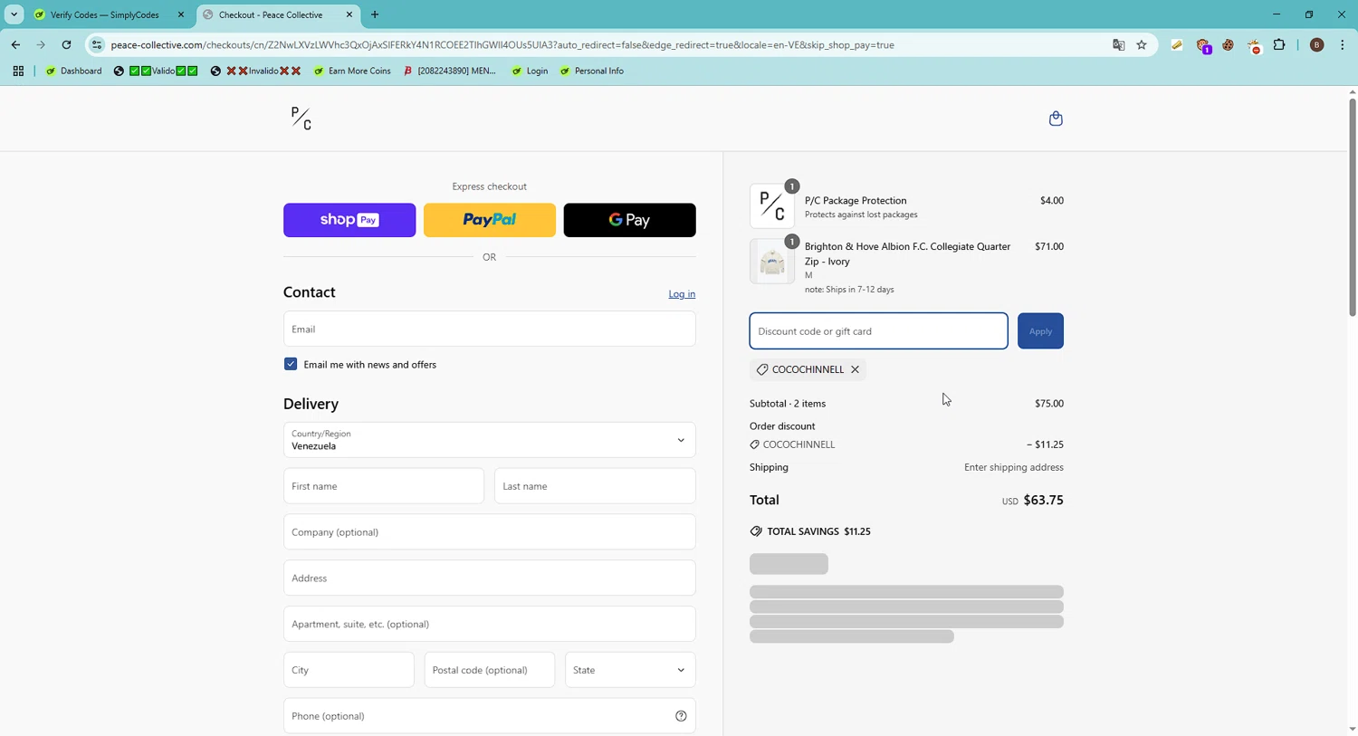 Peace Collective discount code screenshot showing code COCOCHINNELL applied at Peace Collective checkout page. Uploaded by SimplyCodes community member FrugalShopper1585 on Mar 28, 2025