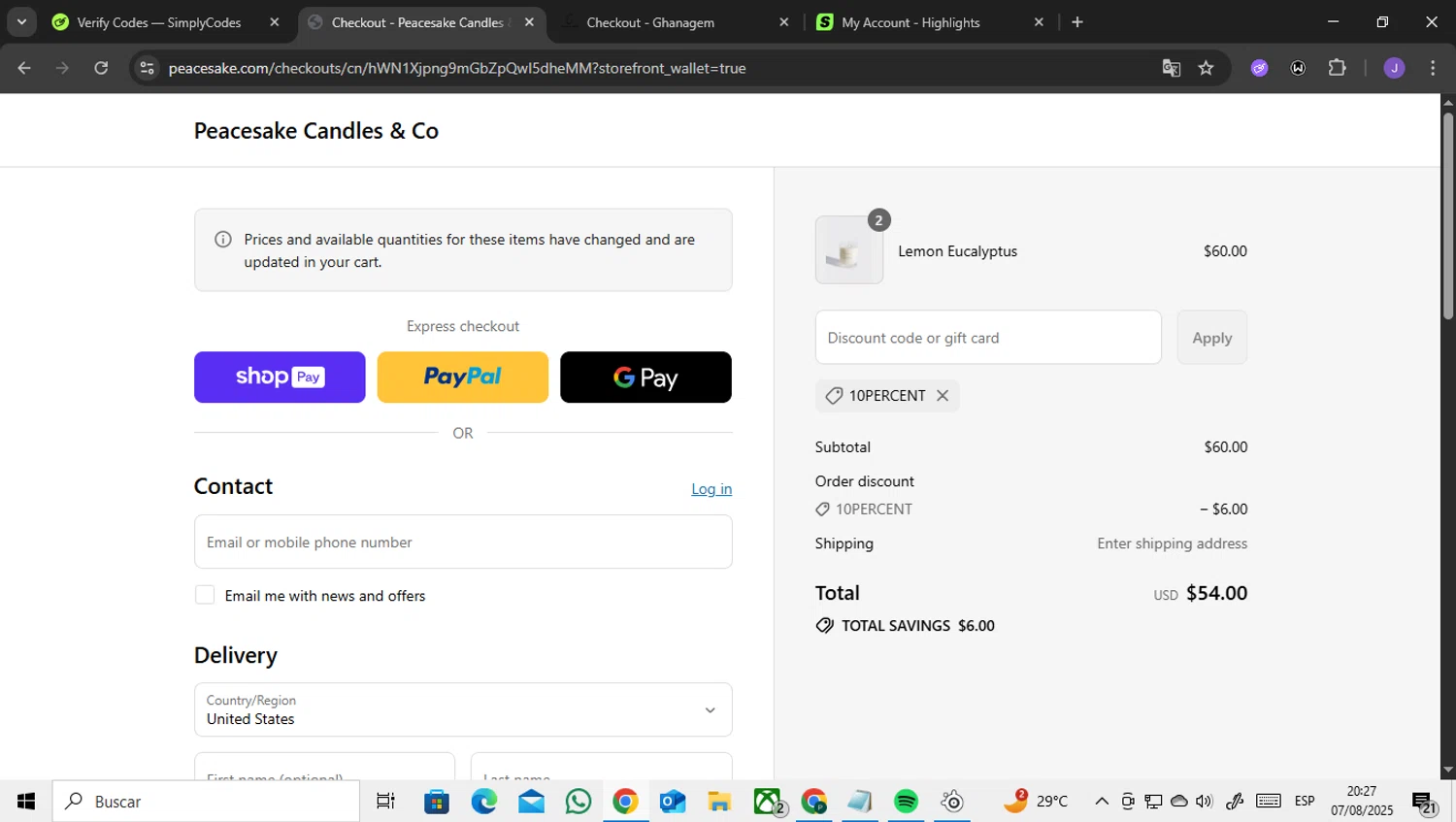 Peacesake Candles & Co. promo code screenshot showing code 10PERCENT applied at Peacesake Candles & Co. checkout page. Uploaded by SimplyCodes community member ENCARAMESSI on Aug 8, 2025