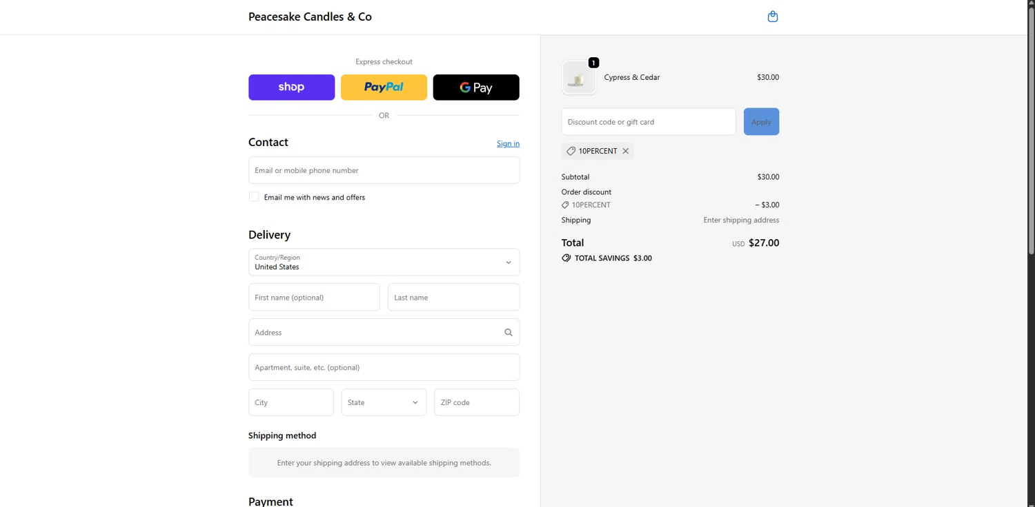 Peacesake Candles & Co. promo code screenshot showing code 10PERCENT applied at Peacesake Candles & Co. checkout page. Uploaded by SimplyCodes community member TreasureHero9595 on Nov 6, 2025