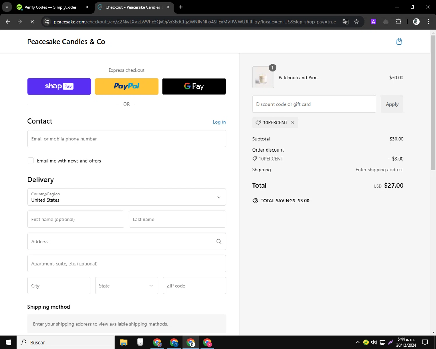 Peacesake Candles & Co. promo code screenshot showing code 10PERCENT applied at Peacesake Candles & Co. checkout page. Uploaded by SimplyCodes community member CleverSentinel9441 on Dec 30, 2024