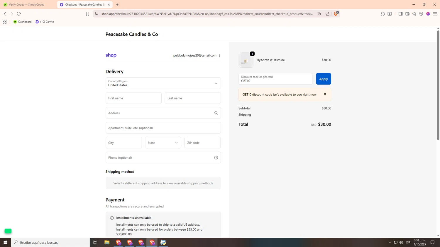 Peacesake Candles & Co. promo code screenshot showing code GET10 applied at Peacesake Candles & Co. checkout page. Uploaded by SimplyCodes community member NARUTO_UZUMAKIsx on Oct 1, 2025