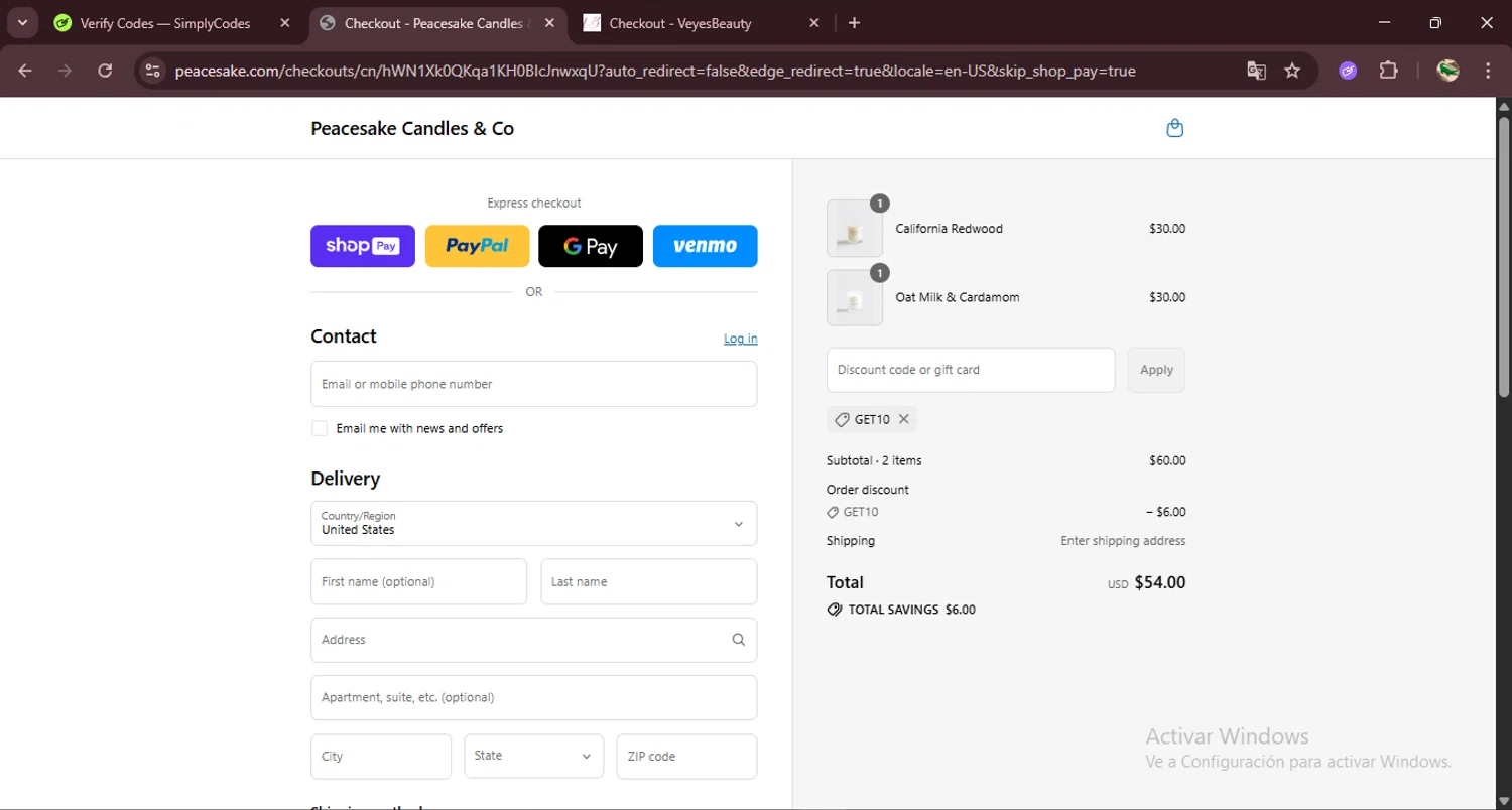 Peacesake Candles & Co. promo code screenshot showing code GET10 applied at Peacesake Candles & Co. checkout page. Uploaded by SimplyCodes community member RewardDefender7173 on Aug 8, 2025